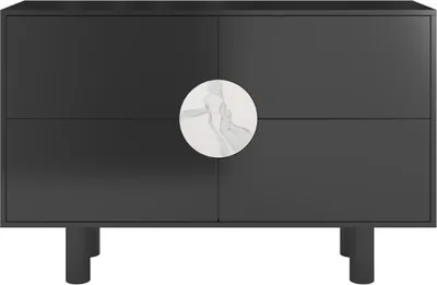 A black sideboard with a circular marble accent on the front, shown against a white background.