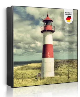 Produktbild von banjado Schlüsselkasten aus Metall, 30x30cm groß mit 32 Haken, als Magnettafel nutzbar, Korpus schwarz, Anschlag rechts, Leuchtturm Sylt [SKG1 12680]