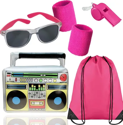 Obrázok produktu pre 5 v 1 - Retro ružový set s čelenkou a boom boxom atď. - ako doplnok mullet kostým pre retro neónové 80. 90. roky maškarný kostým a karneval