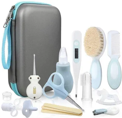 Produktbild von Unyqoos® 15‑teiliges Baby‑Pflegeset – Komplettset für Neugeborene mit Nagelknipser, Sicherheitschere, Nasensauger, LED‑Ohrlöffel, Bürste & Aufbewahrungsbox (graublau, BPA‑frei, Edelstahl)