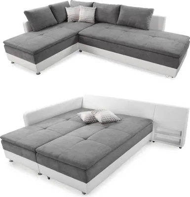 Produktbild von Federkern Ecksofa Doppelbett Dauerschläfer Bettkasten Couch in Hell-Grau / Weiß / 15104