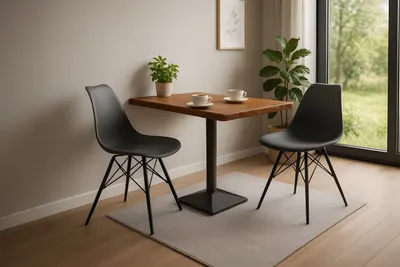 Produktbild von Tischgruppe 3tlg. Bistrotisch 80 x 60 cm Baumkante massiv Akazie nussbaum Säulengestell schwarz INES
