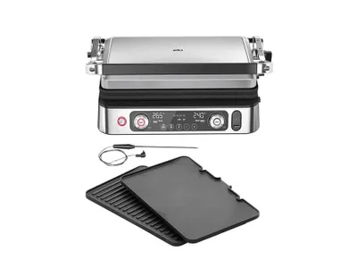 A countertop grill and its accessories are displayed against a white background.