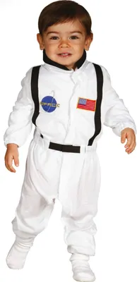 A young child wearing an astronaut costume.