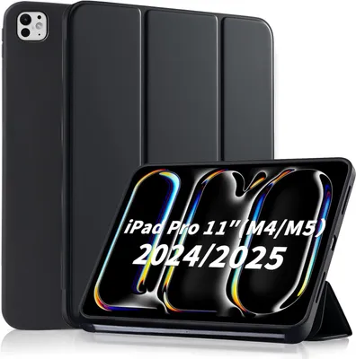Produktbild von CLM-Tech Tablet Hülle kompatibel mit iPad Pro 11 Zoll M5 / M4 Hülle (2025 / 2024) - Schutzhülle aus Kunstleder und TPU Gummi - Standfunktion, Magnetverschluss, Auto Schlaf/Wach Funktion schwarz