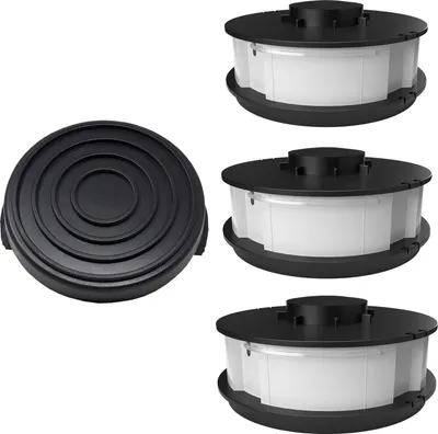 A set of three replacement spools and one cap for a string trimmer, shown against a white background.