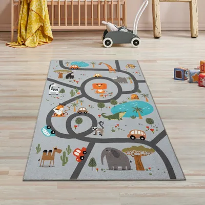 Produktbild von Rutschfester Kinder-Straßenteppich mit Tieren grau Größe - 80 x 150 cm