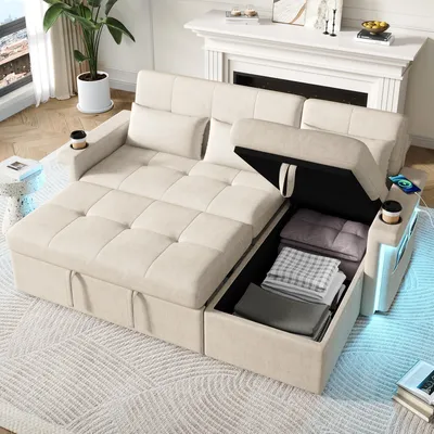 Produktbild von Abrihome Ecksofa mit Schlaffunktion L-Form, Sofa mit Bettkasten, LED-Beleuchtung und USB, Wohnzimmersofa - Beige