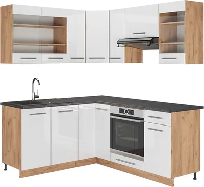 Immagine prodotto di Cucina angolare completa Vicco Fame-Line Bianco lucido/oro power oak 190 x 46 cm senza piano di lavoro, Model 38671