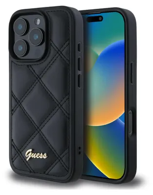 A black quilted phone case with a gold Guess logo is shown next to an iPhone.