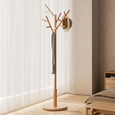 Image de Porte-manteau en bois massif avec 12 crochets, design en forme d'arbre, couleur bois