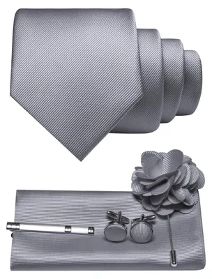 Produktbild von Herren Krawatten-Set mit Pocket Square, Manschettenknöpfen, Krawattenklemme und Blumenbrosche, Grau