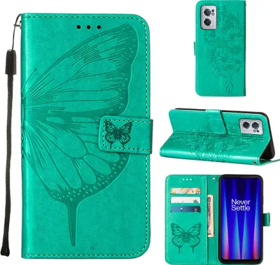 Produktbild von OnePlus Nord CE 2 5G Hülle, Schmetterling Prägung Flip Leder Kartenfächer Schutzhülle Ledertasche mit Ständer für OnePlus Nord CE 2 5G Grün