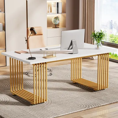 Produktbild von Tribesigns psací stůl počítačový stůl, 180 x 80 x 78 cm moderní kancelářský stůl PC stůl pracovní stůl jídelní stůl se zlatými nohami, konferenční stůl, bílá/zlatá barva