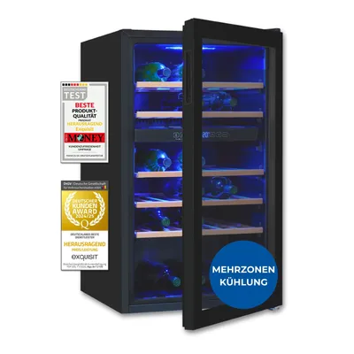 A black wine cooler with bottles inside, shown with the door slightly ajar, and various marketing badges on the side.