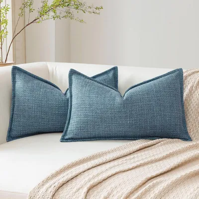 Immagine prodotto di Set di 2 federe per cuscini, effetto lino, 40x60 cm, colore blu, cuscini decorativi per divano