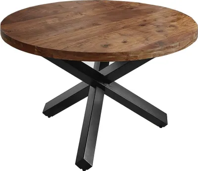 Produktbild von Runder Esszimmertisch 130 cm Runa, Akazienholz massiv, Esstisch nussbaumfarben, Sternfuß aus Metall Mattschwarz, Holztisch mit aufgedoppelter Tischplatte 50mm (25+25mm)