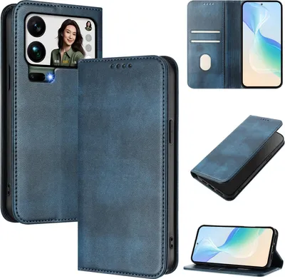 Image de Housse de téléphone portable pour Xiaomi 17 Pro Max, Vintage Cuir RFID Protection Porte-carte Stand Fonction Housse rabat magnétique Bleu