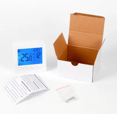 Obrázok produktu pre Inteligentný termostat na bojler, napájaný na batérie, káblový ovládač s digitálnym LCD displejom, podsvietením, dotykovým tlačidlom, montážou na stenu, úsporný, 5+2 týždne, programovateľná detská poistka a ochrana proti poklesu teploty
