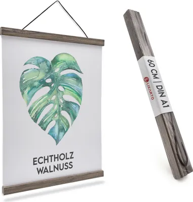 Produktbild von LIKARTO Premium-Posterleiste Holz Walnuss A1 | 60 cm - Hochwertige magnetische Bilderleiste aus Echtholz inkl. Lederband - Einfaches Bilder aufhängen