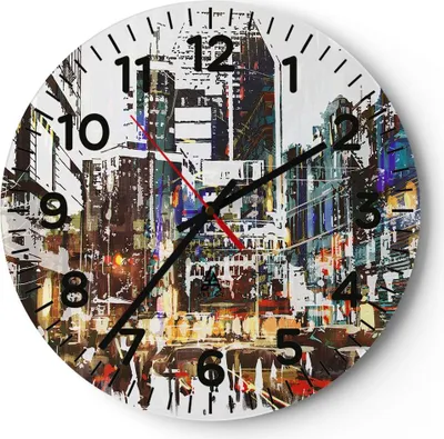 Produktbild von Wanduhr - Rund - Glasuhr - Stadt Straße Haus - 30x30cm - Schleichendes Uhrwerk - Lautlos - zum Aufhängen bereit - Dekoration Modern - Wanddekoration aus Glas - C4AR30x30-3800
