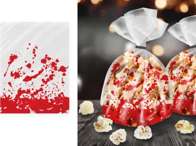Productafbeelding van Halloween-goodiebags, bloedig uiterlijk, decoratie voor een horrorfeest, feestaccessoires, enge designs. Met een griezelig spatteffect, kleur: rood