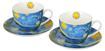 Image de DUO ART GALLERY, lot de 2 tasses avec soucoupes « STARRY NIGHT », inspirées de Van Gogh, en porcelaine New Bone China