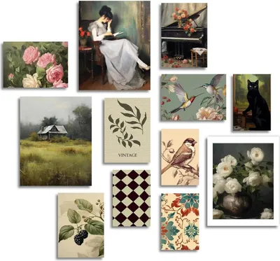 Zdjęcie produktu dla Dazzlewall Vintage Rustic Flowers Bird Cat Canvas Paintings Zestaw 12 obrazów na płótnie