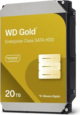 A studio product shot of a WD Gold 20TB Enterprise Class SATA HDD.