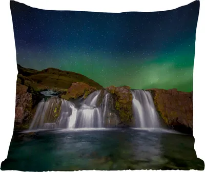 Produktbild von MuchoWow® Outdoor Kissen - Nordlicht - Wasserfall - Island - Natur - 45x45 cm - Wetterfest - Lounge Kissen - Fotokissen - Dekoratives Kissen