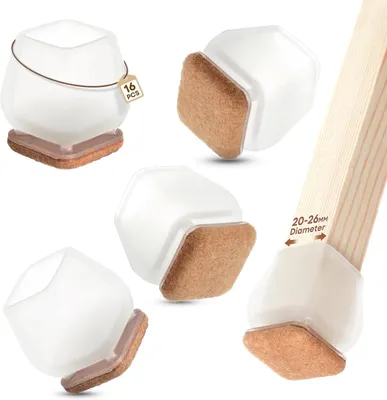Imagen del producto de Protectores de patas de sillas de silicona con fieltro, 16 unidades, para diámetros de 20-28 mm, transparentes y marrones, antideslizantes