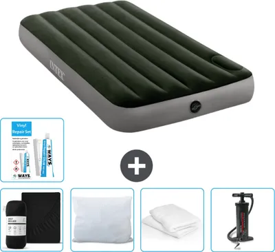 Produktbild von Intex Luftbett - 1 Person - 99 x 191 x 25 cm - Grün - Spannbettuch - Küssen - Pumpe - Reperaturset en Kissenschutz