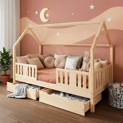 Produktbild von MEBLE WRÓBEL Hausbett 80x160 cm mit 2 Schubladen Rausfallschutz und Lattenrost - Einzelbett Jugendbett- Kinderbett aus Kiefer Unlackiert - Kleinkindbett für Jungen & Mädchen - Standhöhe 20 cm