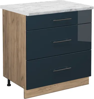 Produktbild von Küchenunterschrank Vicco Fame-Line Dunkelblau Hochglanz 80 cm mit 3 Schubladen, AP Marmor, Model 48901