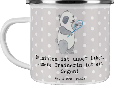 Produktbild von Mr. & Mrs. Panda Teetasse Badminton Trainerin - Grau Pastell - Geschenk, Inspiration, Motivtasse, Kaffeepott, Sportarten, Sportart, Emaille Tasse, Teebecher, Danksagung