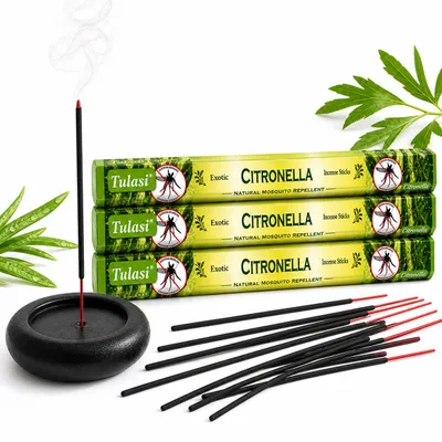 Productafbeelding van Tulasi Citronella Wierook Set – 3 Pakjes x 20 Stokjes – Totaal 60 Wierookstokjes – Tegen Muggen – Inclusief Wierookhouder – 24 gram per Pakje – Voor Binnen & Buiten, AI-gegenereerde afbeelding