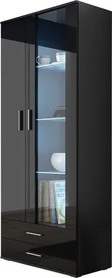 Produktbild von Furniture24 Vitrine mit Blauer LED Beleuchtung SOHO S6 Vitrinenschrank Standvitrine Stauraumvitrine Glasvitrine Schrank Wohnzimmerschrank Schwarz/Schwarz Hochglanz