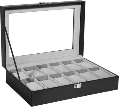 Productafbeelding van Horlogedoos met 12 vakken en glazen deksel - Elegante opbergdoos voor horloges en sieraden