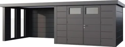 Produktbild von Telluria Metallgerätehaus Classico 3030 mit Lounge Anbau inkl. 2 Fenstern granitgrau/anthrazit Lounge-Anbau links