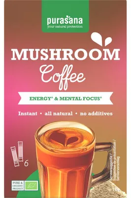 Produktbild von Purasana Mushroom Coffee Oploskoffie 18g – Aromatischer, koffeinfreier Instant-Kaffee mit Pilzextrakten