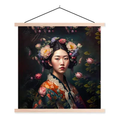 Produktbild von MuchoWow® Textilposter Frau - Blumen - Kimono - Porträt - Asiatisch 40x40 cm mit holzfarbenen Rahmen - Posterleiste