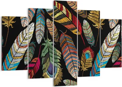 Produktbild von Bild auf Leinwand - Leinwandbild - 5 Teile - Federn Bunt Stickerei - 150x100cm - Wand Bild - Wanddeko - Wandbilder - Leinwanddruck - Bilder - Wanddekoration - Leinwand bilder - EA150x100-4464