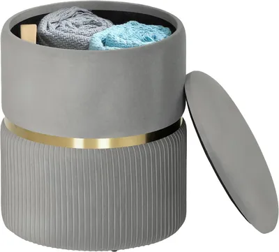 Image de Pouf rond avec rangement, dimensions 36 x 36 x 44 cm, couleur gris clair, avec couvercle amovible et rembourrage en velours, idéal pour le salon et la chambre