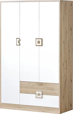 Produktbild von Furniture24 Kleiderschrank NICO 01, 3 Türiger Drehtürenschrank, Schrank mit 2 Schubfächern, 4 Einlegeboden und Kleiderstange Hell Eiche/Weiß/Hell Eiche