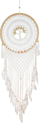 Produktbild von Wandbehang Wandschmuck Wandteppich Etnik Traumfänger Boho Quaste Deko Dreamcatcher Gewebter Lebensbaum 44 cm Ø Weiß