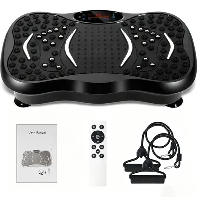 Produktbild von Vibrationsplatte - Trainingsgerät für Körpervibrationen - LED-Display - 2 Widerstandsbänder - Gürtelsteuerung - Muskelentspannung - Hüfttraining - Schwarz
