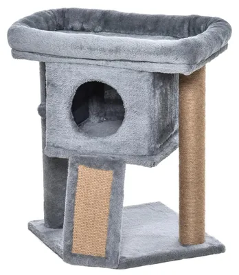 Obrázek produktu pro Kratzbaum pro kočky – lezecký strom se 2 úrovněmi – dřevo – oděrucí plocha z juty – míček, pelíšek a domeček – rozměry 40x40x57 cm – světle šedá barva