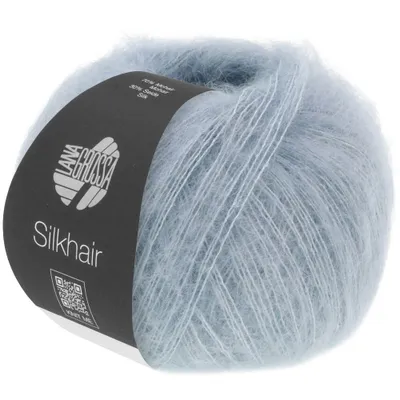 A ball of light blue, fluffy yarn with a black label.