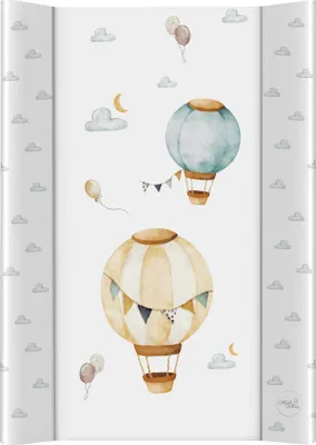 A baby changing mat with a watercolor illustration of hot air balloons and clouds.