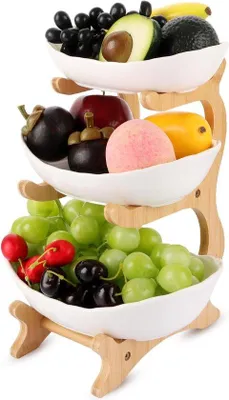 Produktbild von Famanu Obstständer aus Bambus mit 3 Ebenen - Servierständer für Obst, Süßigkeiten und Gemüse